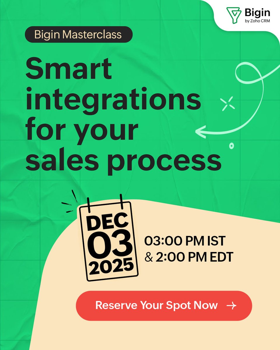 We're pulling back the curtain on how you can connect Bigin to the apps you already love and are a part of your business's process with our latest masterclass. ✨📈

Join us and see how these integrations can make a big difference. We just have under a week to go. ⏳ 

Grab your