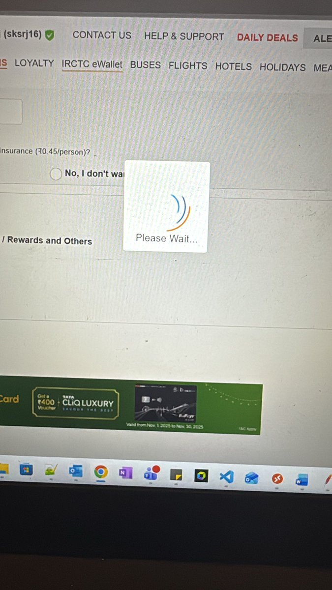surajsoni6's tweet photo. @IRCTCofficial Despite being a verified user, I’m unable to book any Tatkal tickets. The server keeps loading and shows the error: ‘There seems to be a connection issue with your request.’ And within a minute or two, the ticket status moves to Waiting. Kindly look into this.” https://t.co/Bgt1VT0yKg