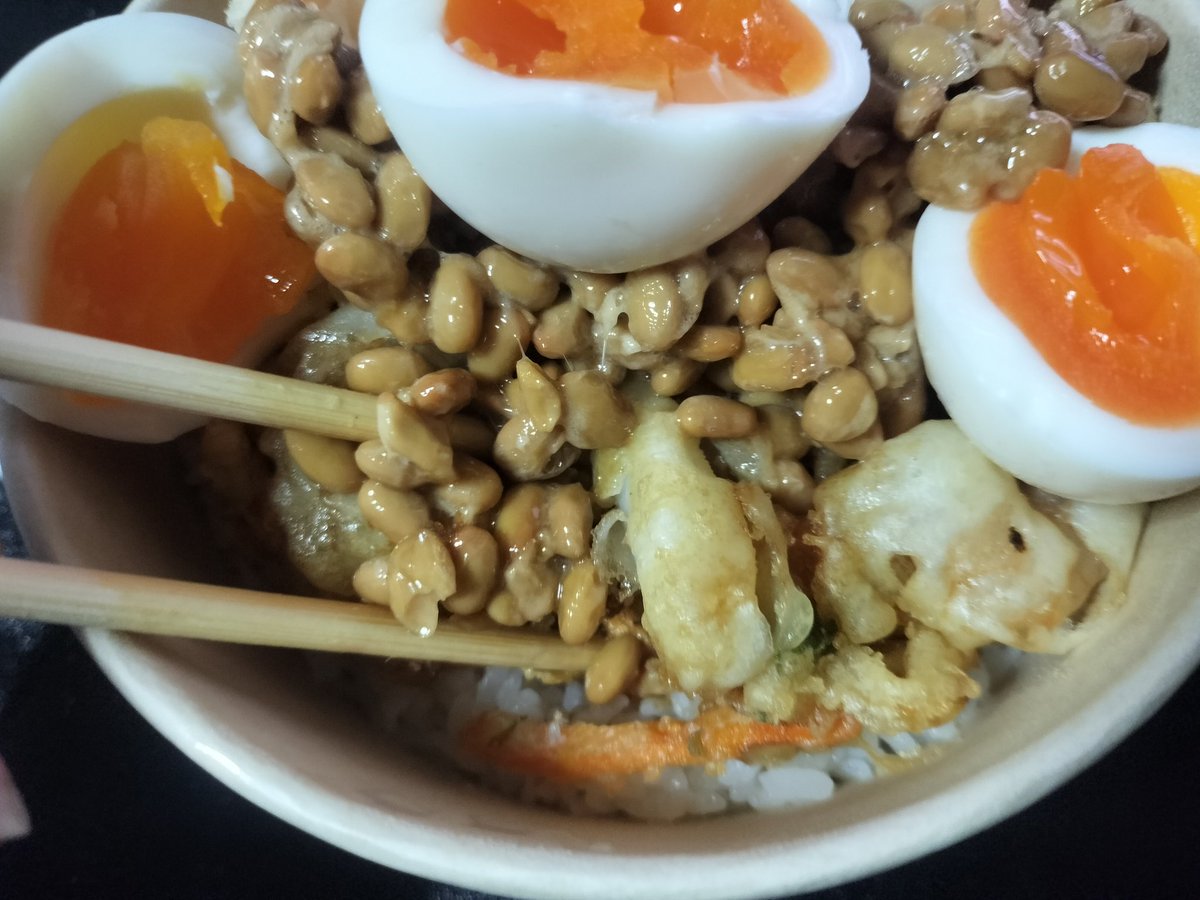 i_am_licca's tweet image. りか丼完成
かきあげ、納豆、ゆでたまご2個、味噌汁、もちろん七味
タンパク質約25g
#りかクッキング #健康増進 #飯テロ #りか飯