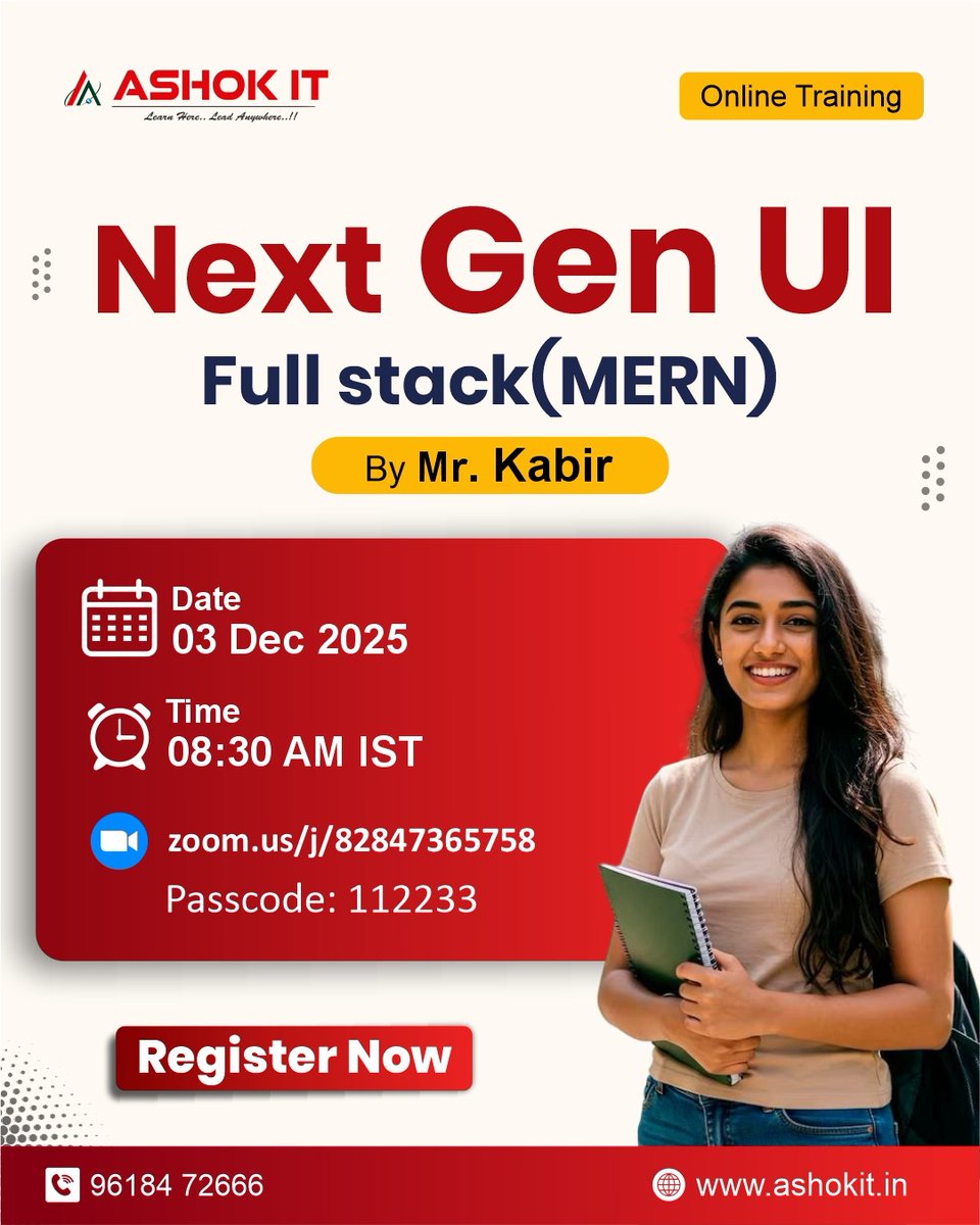 ashokitschool's tweet image. 🚀 Next Gen UI Full Stack (MERN) – Real-Time Online Training Begins
📲 Register Now: tr.ee/9VXj7D
👨‍🏫 Trainer:Mrs. Mr. Kabir
📅 Date: 03 Dec 
⏰ Time: 08:30 AM IST
🏫 Mode: Zoom Live Session
#MERN #FullStackDeveloper #UIUXDesign #ReactJS #NodeJS #WebDevelopment #AshokIT