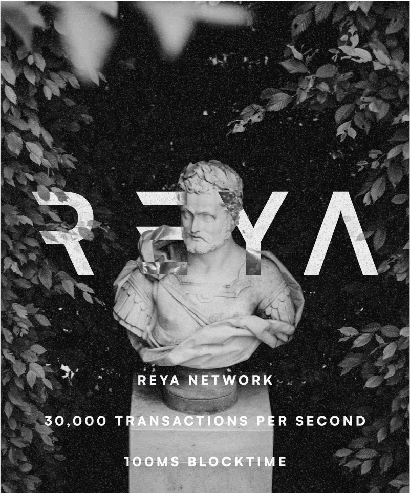 Reya Network 宣传图，展示每秒 30,000 笔交易和 100ms 区块时间
