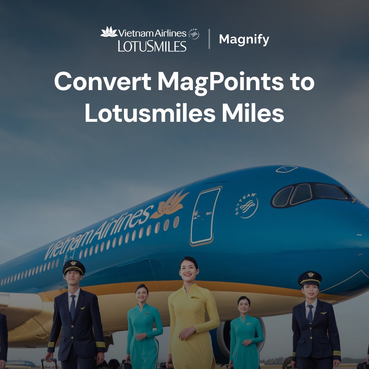 MagnifyClub's tweet photo. We're excited to announce our airline partnership with @VietnamAirlines Lotusmiles 

Magnify users can now convert MagPoints directly to Lotusmiles, Vietnam Airlines' loyalty program.

What does this mean for you?

Vietnam Airlines flies to multiple destinations across Southeast Asia, East Asia, and beyond - Hanoi, Ho Chi Minh City, Bangkok, Singapore, Seoul, Tokyo, and more.

Use your Lotusmiles for:
 → Free flights on Vietnam Airlines
 → Cabin upgrades
 → Extra baggage allowance
 → Free flights on SkyTeam partners - Air France, KLM, Virgin Atlantic, Korean Air, Delta, and more

Travelling with miles is no longer just for premium cardholders. Now everyone can do it.

Start earning MagPoints today. Download now - https://t.co/u6xWVwDjIH