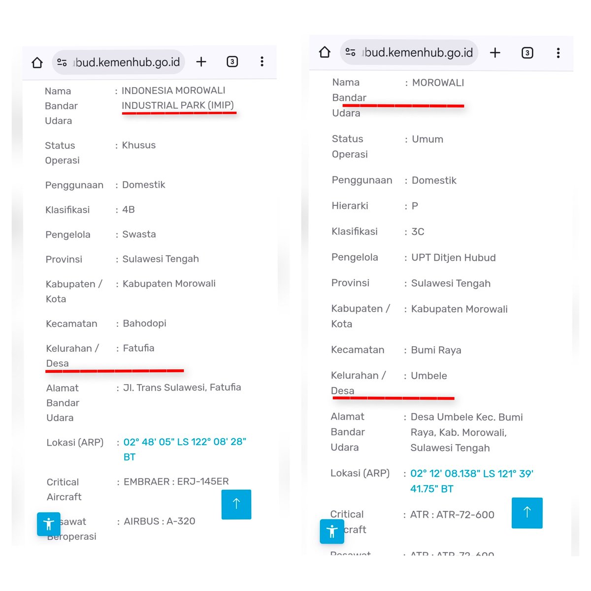 Yg diresmikan mantan Presiden Jokowi 2018 lalu, di Morowali itu bandara komersial berkode MOH milik Pemerintah terletak di Ds. Umbele, Kec. Bumi Raya

Kalau milik IMIP itu bandara khusus berkode MWS terletak di Ds. Fatufia, Kec. Bahodopi

Beda bandara keles...🤣🫣
