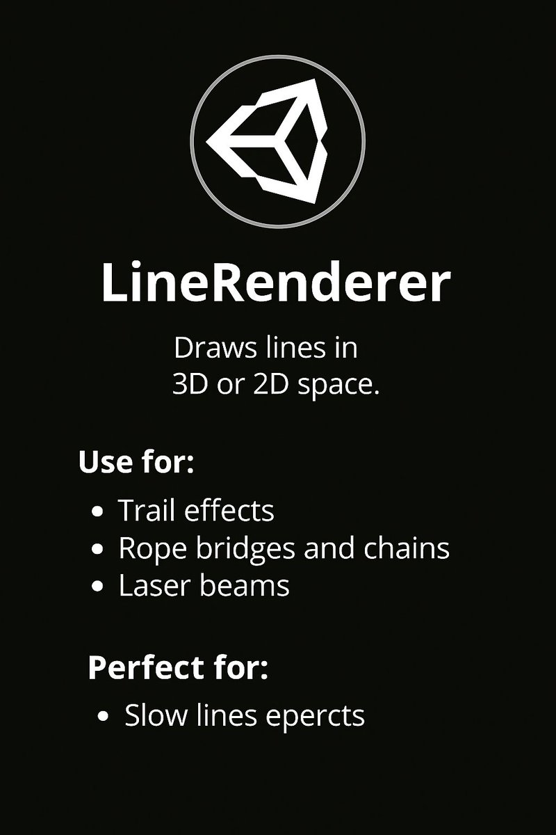 ✅ Today’s Unity tip 👉 LineRenderer

LineRenderer lets you draw lines, paths, and laser-like visuals directly in 2D or 3D space.
Great for effects, indicators, and dynamic visual feedback.

Use for:
✔ Drawing paths &amp; indicators
✔ Laser beams &amp; shooting lines
✔ Trajectory &amp;