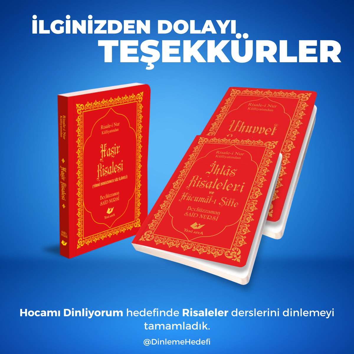 İLGİNİZDEN DOLAYI TEŞEKKÜRLER 👏

✅#HocamıDinliyorum hedefinde Risaleler dersini dinlemeyi tamamladık.

▶️ Hocamı Dinliyorum hedefimiz kapsamında Hocamızın Cezaevinde iken telefonla yaptığı konuşmaların mesaj yüklü kayıtlarını dinlemek için telegram kanalımıza katılabilirsiniz: