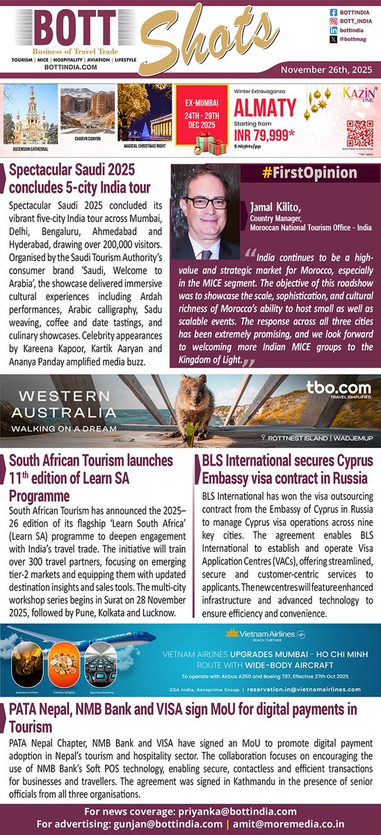 Spectacular Saudi 2025 wrapped up a vibrant 5-city India tour across Mumbai, Delhi, Bengaluru, Ahmedabad &amp; Hyderabad, drawing 200,000+ visitors. The showcase featured Ardah, calligraphy, Sadu weaving, coffee &amp; date tastings—with celeb buzz from Kareena, Kartik &amp; Ananya.