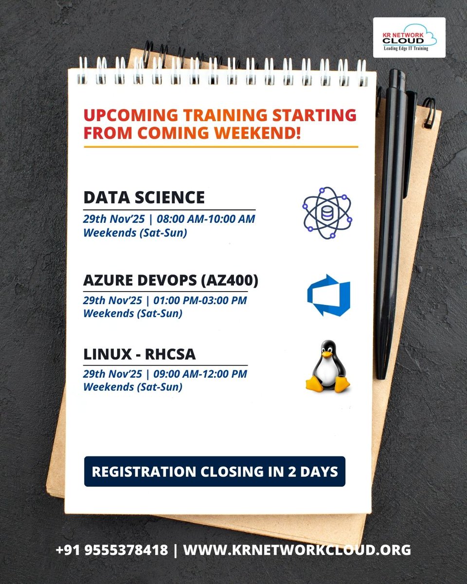KRNetworkCloud1's tweet image. 🚀 UPCOMING WEEKEND TRAINING SESSIONS
Courses Available
📊 Data Science
💻 Azure DevOps (AZ400)
🐧 Linux - RHCSA ON RHEL-10
Registration is closing in just 2 days! 
📝Enquiry: forms.gle/NL3UgzSAPfFC2E…
#datascience #azuredevops #linux #rhcsa #ittraining #weekendtraining #techskills