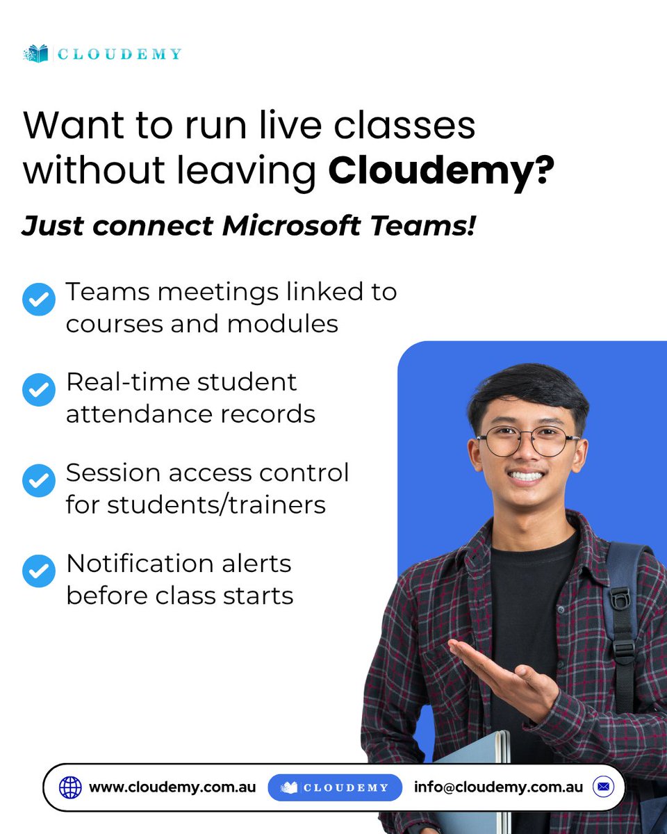 Cloudemy244569's tweet image. Live classes shouldn’t require five tabs, two reminders, and a dash of chaos.
#Cloudemy #RTOSoftware #EducationTechnology #LiveLearning #MicrosoftTeamsIntegration #VETSector #TrainerTools #StudentManagement #DigitalLearning #OnlineTraining #EdTechSolutions