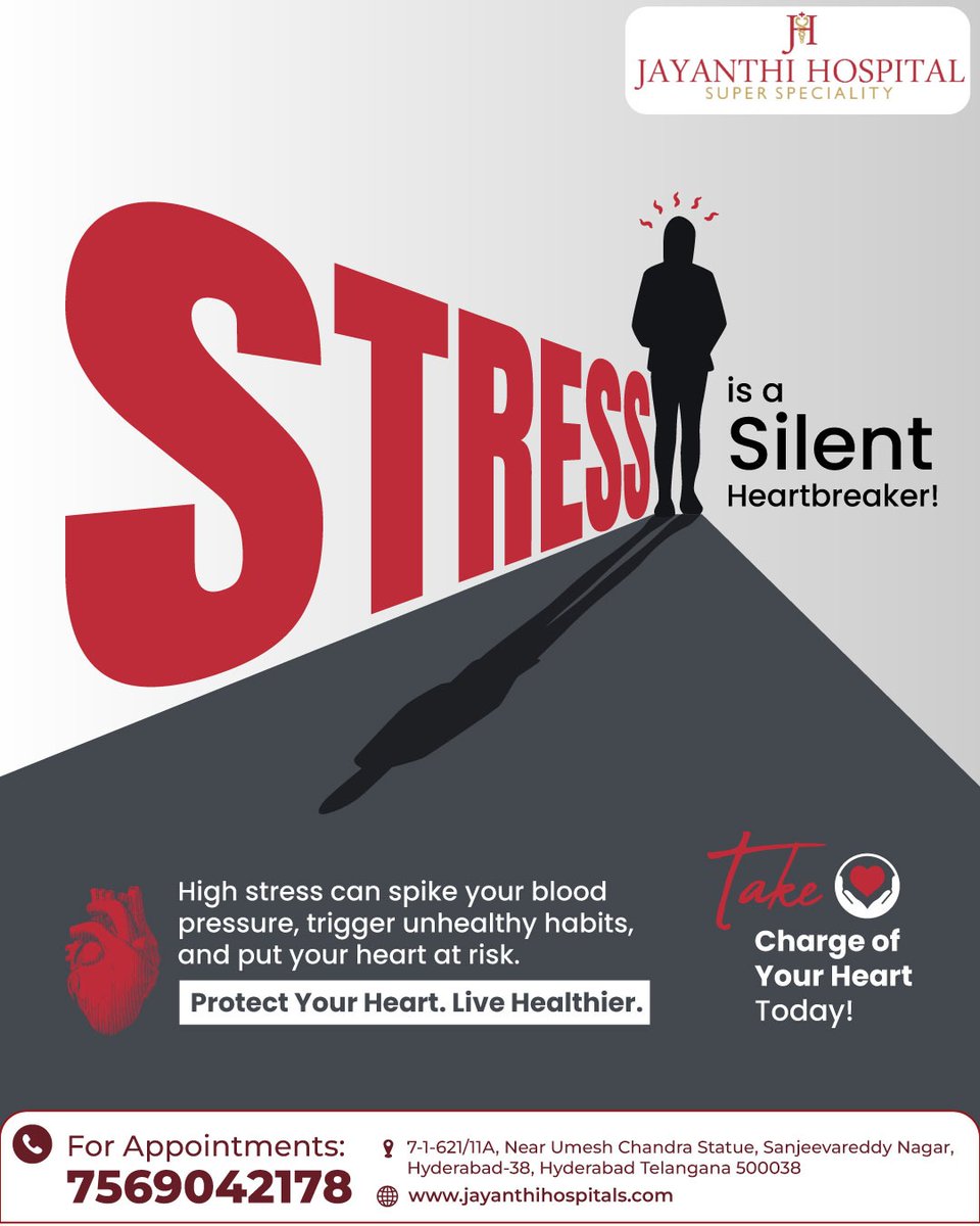 JayanthiHsptls's tweet image. High stress isn’t just a feeling — it silently harms your health. Constant pressure can raise blood pressure, trigger headaches, anxiety, sleep issues, heart disease, and weaken immunity. Don’t ignore the signs!
#StressAwareness #StressAndHealth #MentalWellbeing #HeartHealth