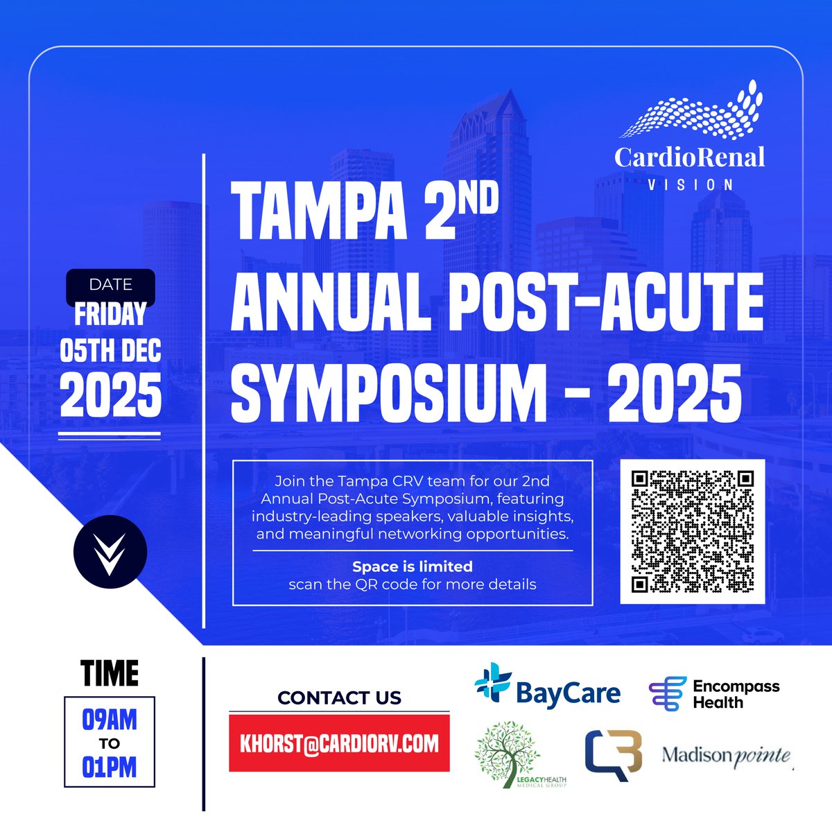 CardiacVision's tweet image. Excited to welcome #healthcare leaders, #clinicians and partners to the #Tampa 2nd Annual #PostAcute #Symposium December 5, 2025 #Tampa, #FL  An impactful gathering committed to advancing post-acute care. #PostAcuteCare #CRV #CardioRenalVision #HealthcareSymposium