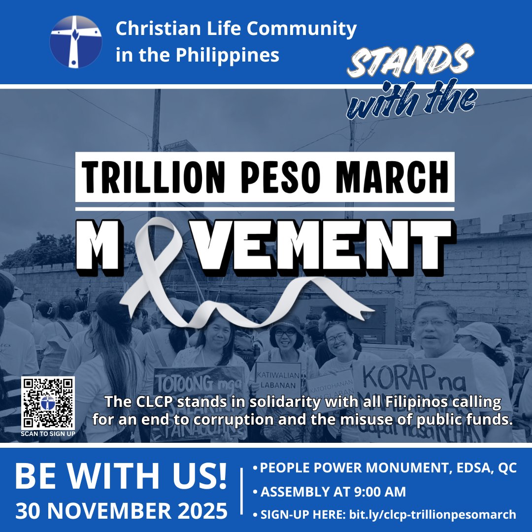 iCLCer's tweet image. CLCP joins Filipinos in calling for an end to corruption and the misuse of public funds.

Grounded in Ignatian values, we stand for transparency, honesty, and good governance.

Join the #TrillionPesoMarch on Nov 30, 2025, 9AM, Rob Galleria → PPM.