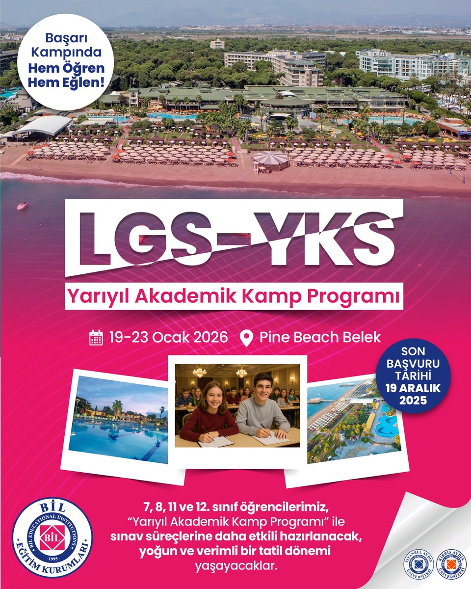 LGS - YKS Yarıyıl Akademik Kamp Programı
Başarı Kampında Hem ÖĞREN Hem EĞLEN!

🗓 19-23 Ocak 2026
📍 Pine Beach Belek