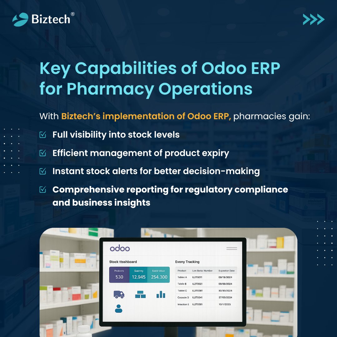 biztechcs's tweet image. Transform your pharmacy’s efficiency and profitability with the power of Odoo ERP. Ready to optimize? Read the full blog post now! 

#PharmacyManagement #OdooERP #Biztech #PharmacyEfficieny