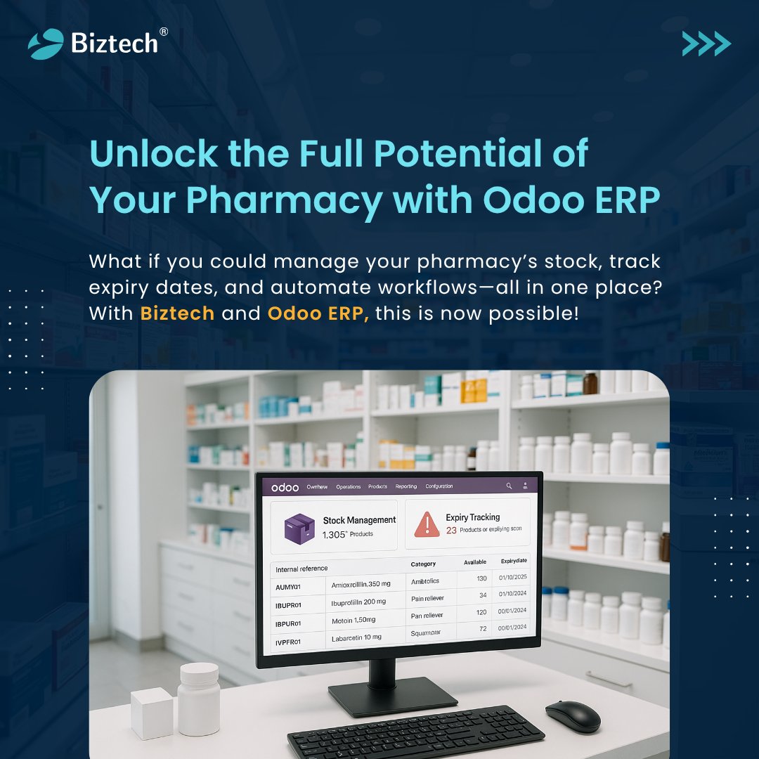 biztechcs's tweet image. Transform your pharmacy’s efficiency and profitability with the power of Odoo ERP. Ready to optimize? Read the full blog post now! 

#PharmacyManagement #OdooERP #Biztech #PharmacyEfficieny