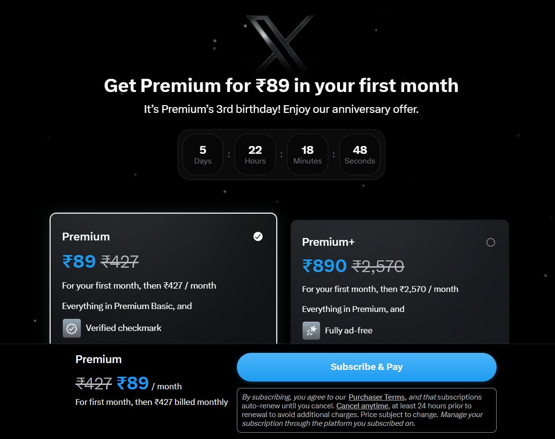 TrakinTech's tweet image. DEAL ALERT 🚨
X’s Premium subscription is now available for just Rs 89 for the first month.

Are you trying it out?