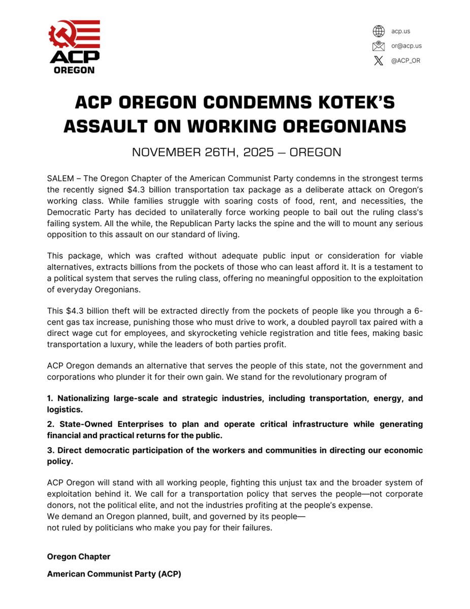 Stop the assault on working Oregonians! We stand firmly against the open theft of the people of Oregon by Tina Kotek and the Oregon state government.