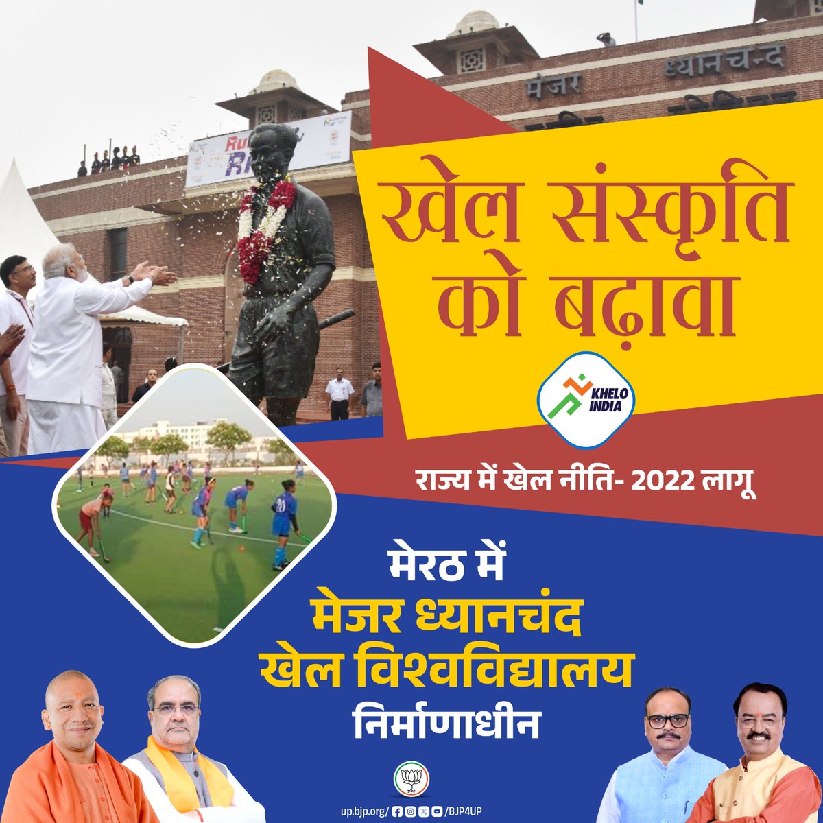 BJP4UP's tweet image. खेल एवं खिलाड़ियों के लिए भाजपा सरकार  प्रदेश में सकारात्मक वातावरण का निर्माण कर रही है।

मेरठ में मेजर ध्यानचंद खेल विश्वविद्यालय निर्माणाधीन

#BJP4ViksitBharat #BJP4UP #सशक्त_यूपी_सशक्त_भारत