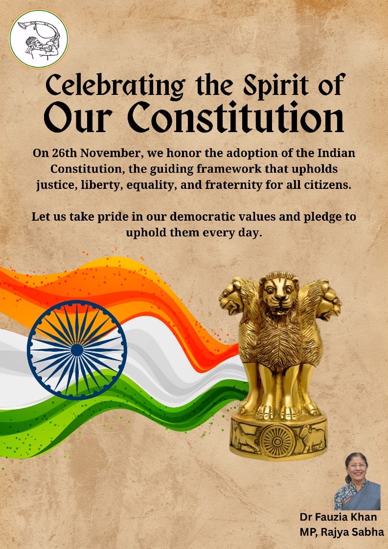 DrFauziaKhanNCP's tweet image. On Constitution Day, we pay tribute to the visionary leaders who gave India its guiding light — the Constitution. Our Constitution stands as a promise of justice, liberty, equality, and fraternity for every citizen. Let us renew our resolve to uphold its spirit in every action…