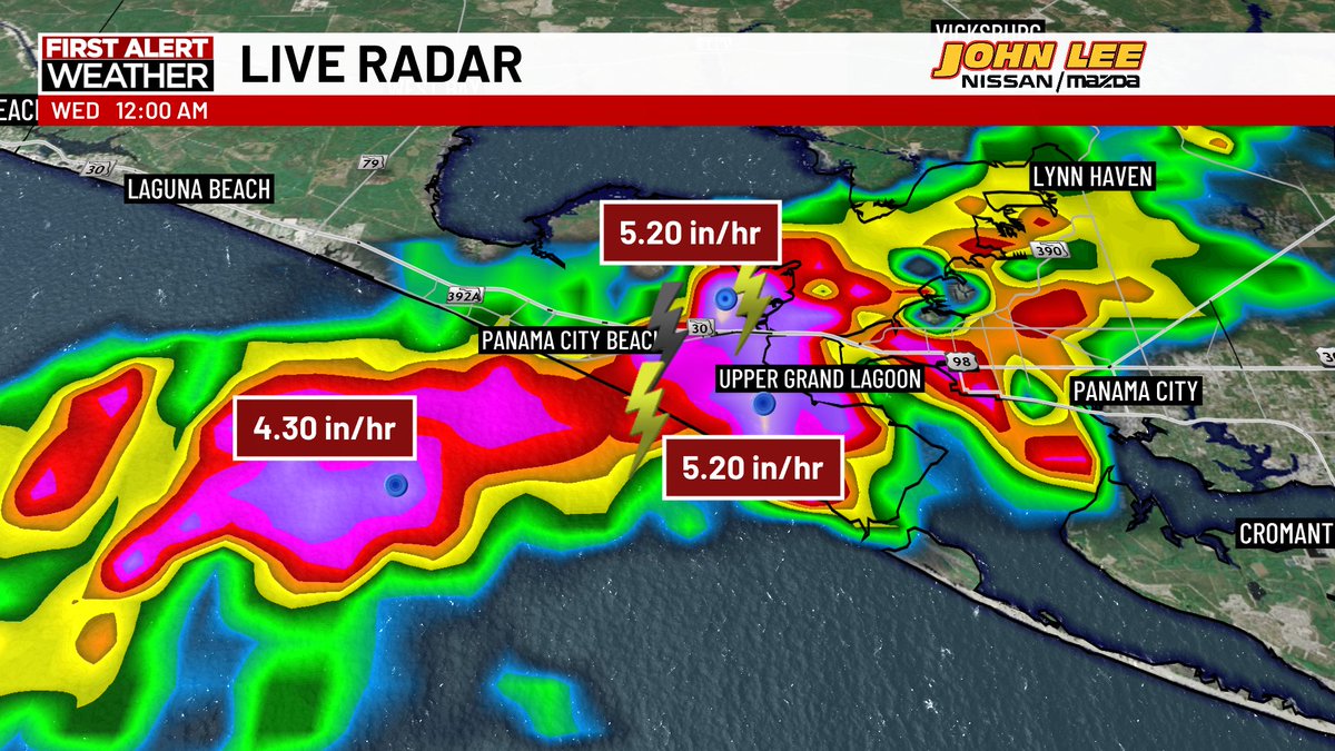 Rain rates in the storms moving across Grand Lagoon, St. Andrew Bay, &amp; into PC are upwards of 5.00"/hr. Not every cell in the batch of storms is as intense. However, the training nature of the storms onto the coast will lead toward several inches in a localized area.