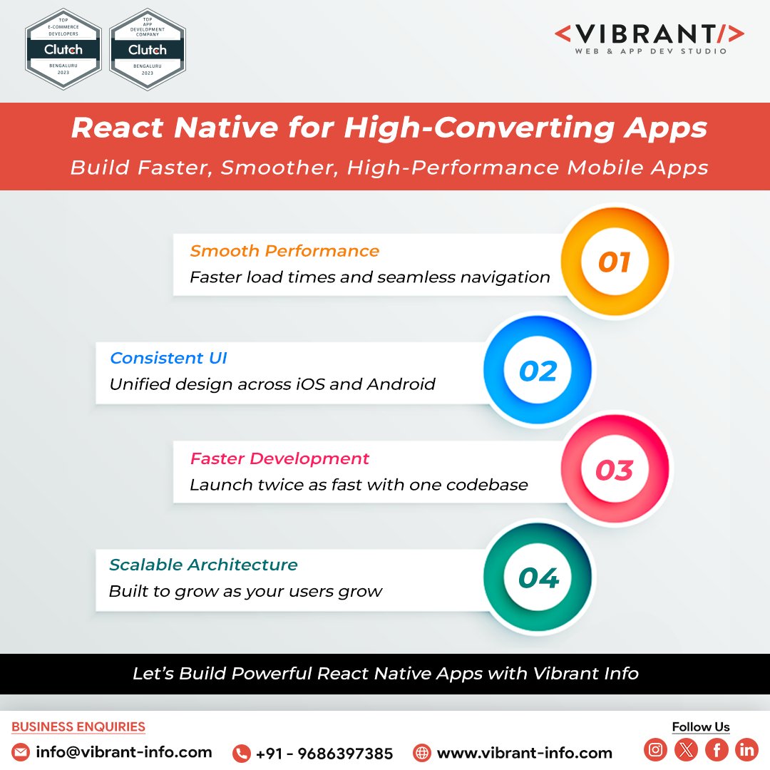 vibrantin's tweet image. Looking to boost app conversions? React Native is the edge you need.

Better performance, consistent UI, faster builds, everything for growth.

Vibrant Info builds intuitive, conversion-focused mobile apps that scale.

#AppDevelopmentServices #ReactNative #vibrantinfo