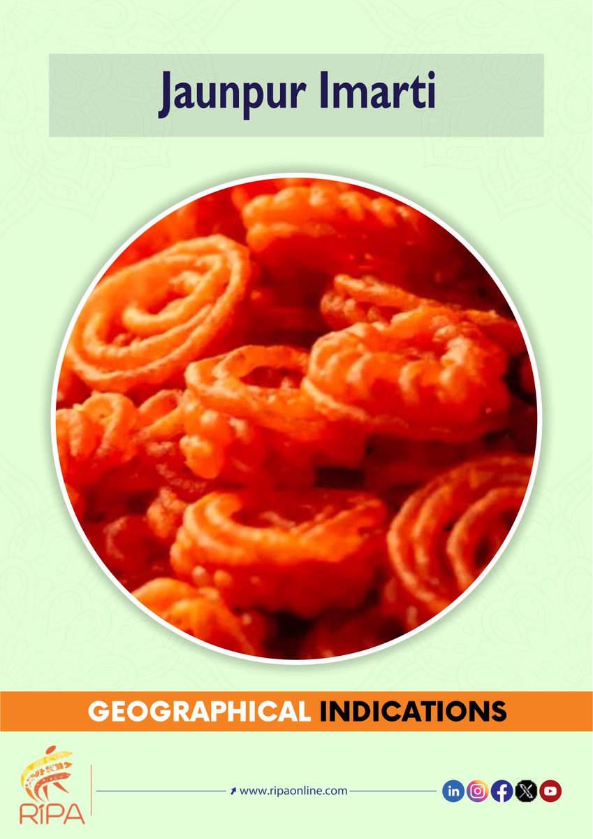 ripaonlineindia's tweet image. A traditional festive treat from the Jaunpur district of Uttar Pradesh, Jaunpur Imarti is made with urad dal batter, moulded into spirals like flowers, and steeped in light sugar syrup.
Read more: ripaonline.com/jaunpur-imarti/
#ripa #GItag #UttarPradesh #JaunpurImarti