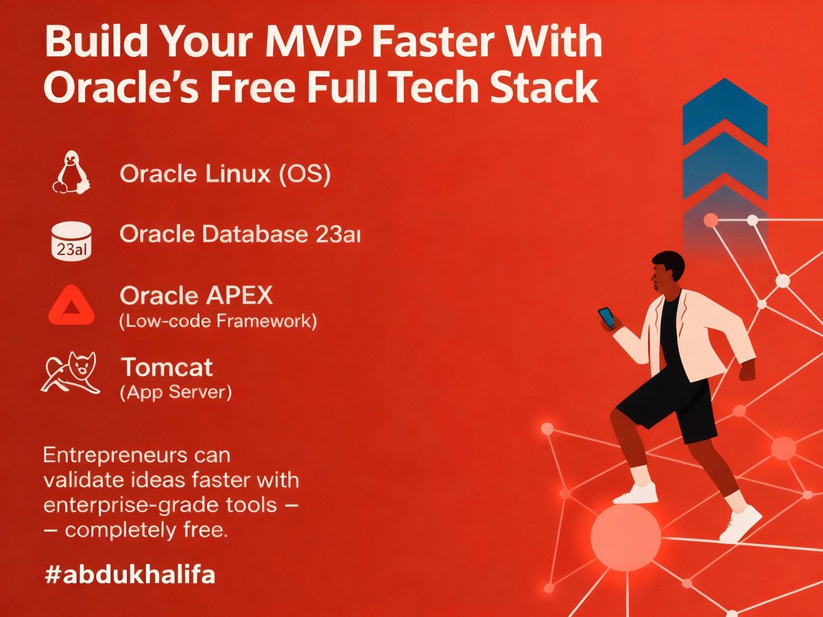 abdukhalifa92's tweet image. Did you know Oracle gives you a full end-to-end tech stack 100% FREE?

💻 Oracle Linux
🗄️ Oracle Database 23ai
⚡ Oracle APEX
🚀 Tomcat

If you&apos;re a founder, builder, or testing an idea fast, this stack gets you from concept → MVP in no time.
Free. Fast. Scalable.
#orclapex