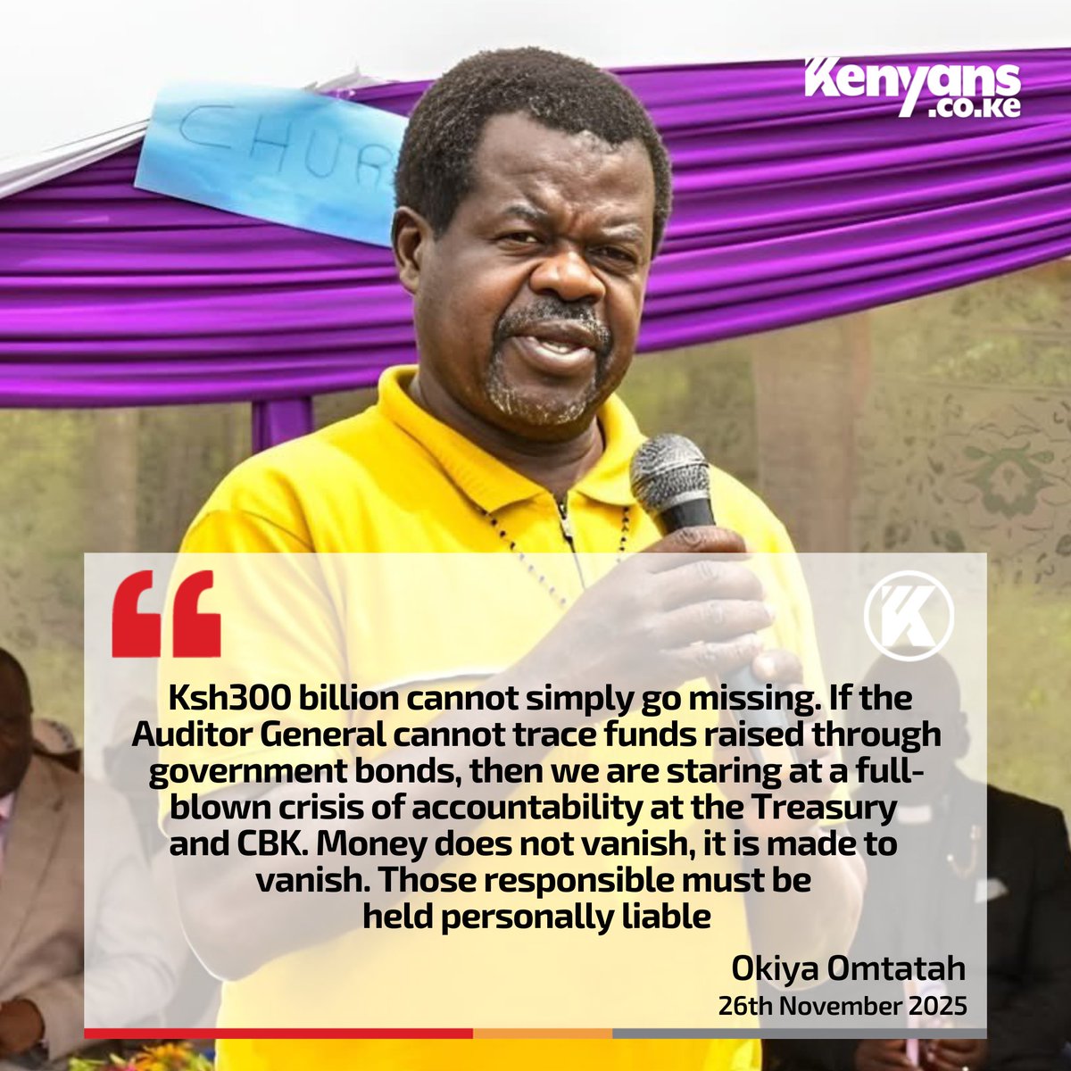 Kenyans's tweet image. If the Auditor General cannot trace funds raised through government bonds, then we are staring at a full-blown crisis of accountability at the Treasury - Okiya Omtatah
