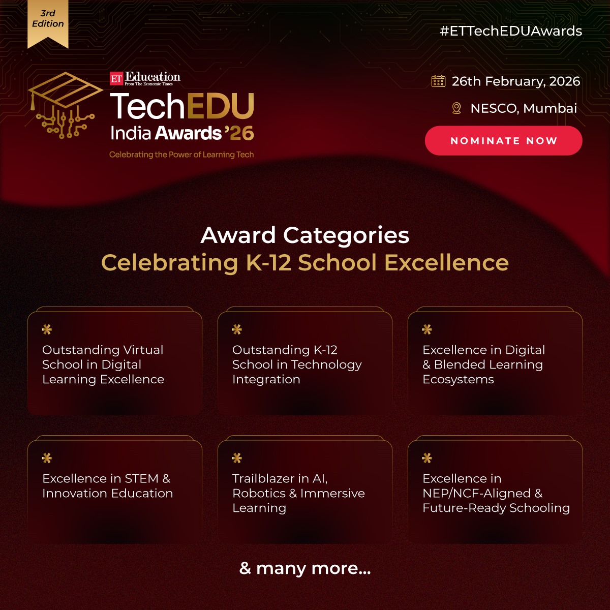 _ETEducation's tweet image. Fueling the future of learning tech!

The ET TechEDU India Awards ’26 is back to honour the schools that are redefining K-12 excellence through innovation, digital learning, and future-ready education.

Nominate Now: education.economictimes.indiatimes.com/techedu-awards

#ETTechEDUAwards #LearningTech #EdTech
