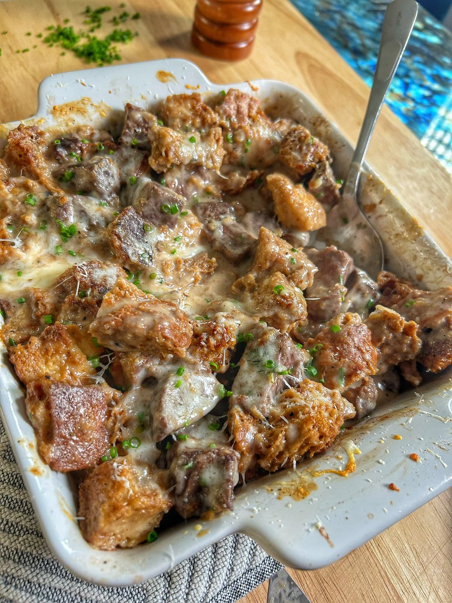 ChefGruel's tweet photo. I’ve been working  this recipe all night. Video coming tomorrow: Cheesesteak Stuffing. Fat chunks of Flat Iron. On another level. https://t.co/AlxNdun4LM