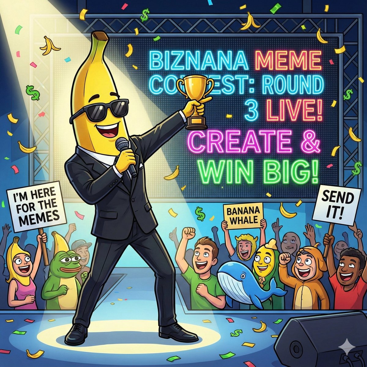 gobiznana's tweet image. 🍌 Round 3 is LIVE.
Crowd is loud.
Memes are flying. 🏆🔥

Some are creating.
Some are watching.
Some are already winning.

Your slot isn’t reserved.
Your timing matters.

Create. Send it. Win it.

#Biznana #MemeContest #Biznanaarmy #CryptoMemes
