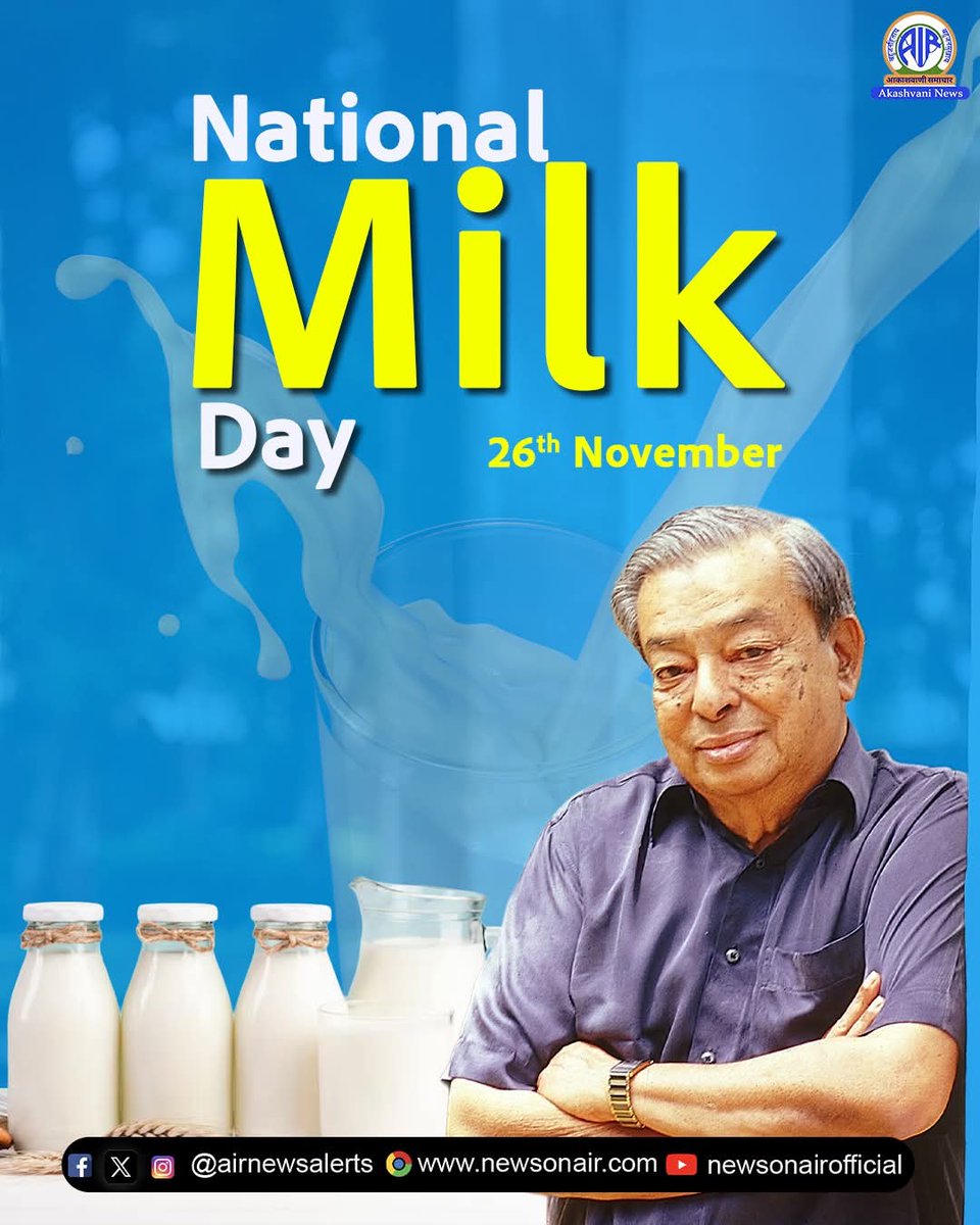Today is National Milk Day
This day is observed on 26th NoVevery year to mark the birth anniversary of Dr Verghese Kurien, regarded as the “Father of the White Revolution” in India.
#DairySector #RuralEconomy #IndianAgriculture #DrVergheseKurien