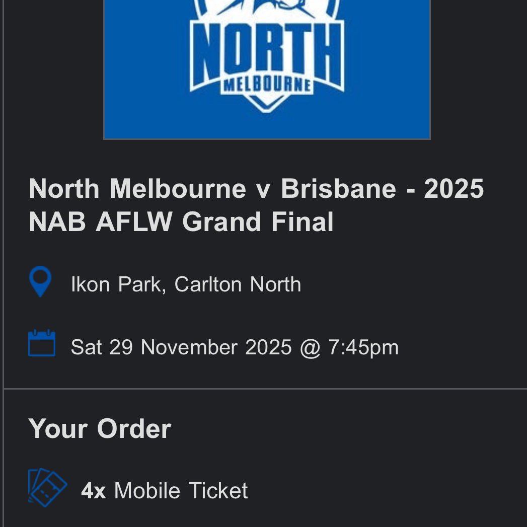 CrKurt's tweet photo. Oufttttt, just got me my 4 @NMFCWomens tickets for the  @aflwomens Grand Final 🏉

Let’s go Kangas!!! 🦘🦘🦘

Premiership history awaits 🏆🤩 https://t.co/SuF2Oi0uZd