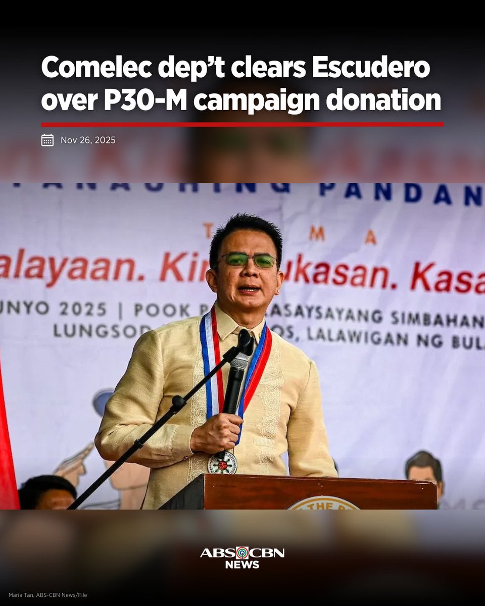 ABSCBNNews's tweet image. The Comelec Political Finance and Affairs Department (PFAD) has cleared Senator Francis &apos;Chiz&apos; Escudero regarding a P30 million campaign donation he received during the 2022 elections from a government contractor.
 
Read: abs-cbn.com/news/nation/20…