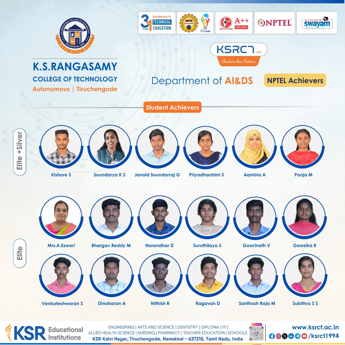ksrct1994's tweet image. Celebrating Excellence in NPTEL!

AI&amp;amp;DS, KSRCT proudly celebrates the remarkable achievements of our faculty and students in the prestigious NPTEL Examination.

#ksrct1994 #ksr #ksrei #AIDSDept #NPTEL #NPTEL2025 #NPTELAchievements #ProudMoment #ContinuousLearning