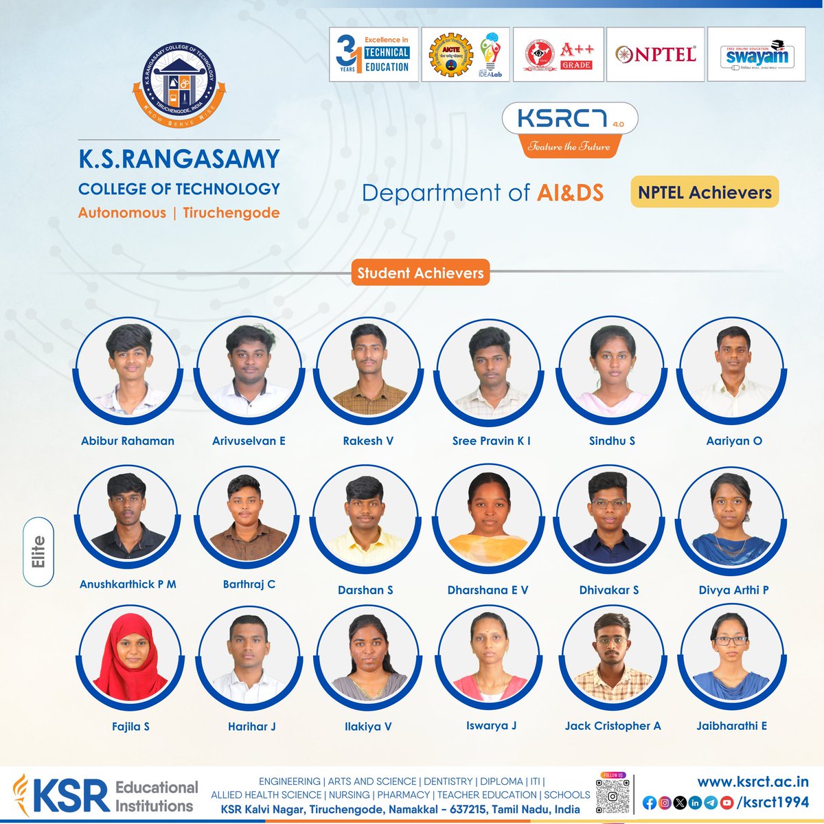 ksrct1994's tweet image. Celebrating Excellence in NPTEL!

AI&amp;amp;DS, KSRCT proudly celebrates the remarkable achievements of our faculty and students in the prestigious NPTEL Examination.

#ksrct1994 #ksr #ksrei #AIDSDept #NPTEL #NPTEL2025 #NPTELAchievements #ProudMoment #ContinuousLearning