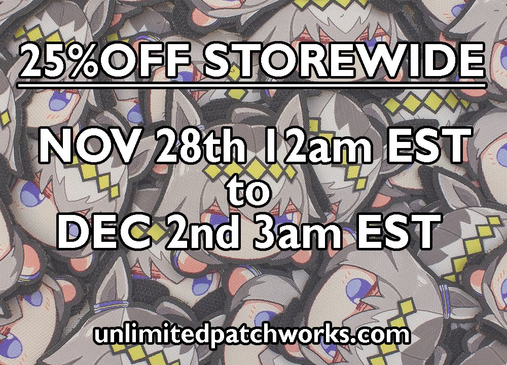 UnlimPatWorks's tweet image. Black Friday - Cyber Monday sale with 25% off the entire store stock.

From Nov 28th 12AM EST to Dec 2nd 3am EST 

Only at unlimitedpatchworks.com