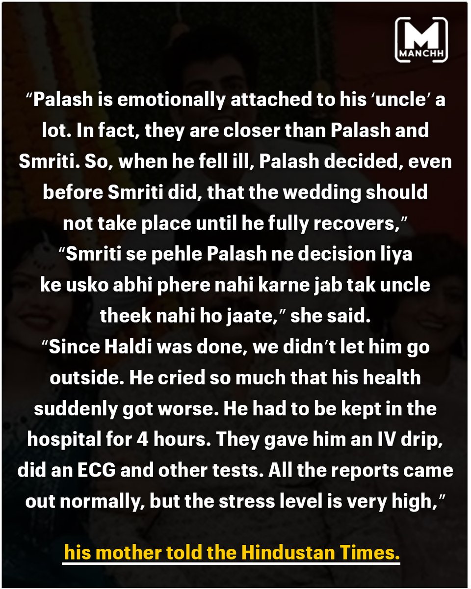 Manchh_Official's tweet image. Palash Muchhal’s mother reveals her son wanted to cancel the wedding before Smriti Mandhana called it off

#PalashMuchhal #SmritiMandhana #WeddingControversy #ViralNews #BreakingUpdate #CelebrityDrama #CricketBuzz #TrendingNow #SocialMediaBuzz