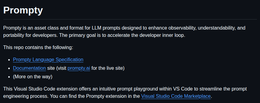 pythonym's tweet image. ⚡ Prompty

It is an asset class and format for LLM prompts designed to enhance observability, understandability, and portability for developers. The primary goal is to accelerate the developer&apos;s inner loop.

It is available as a VS Code extension, offering an intuitive prompt…