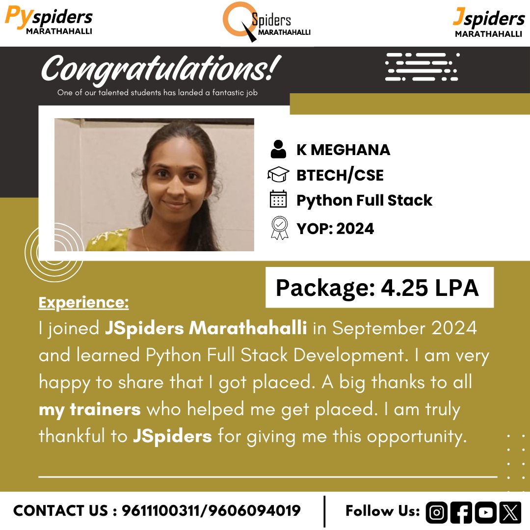 JspMarathahalli's tweet image. Congratulations K Meghana
.
.
FOR MORE INFORMATION, CONTACT
JSPIDERS MARATHAHALLI
KARTHIK/MANASA:
9611100311/9606094019
.
.
.
#jspiders #pyspiders #coding #jspidersmarathahalli #mern #html #css #javascripts #jspiders #devops #aws #linux #presidency_university