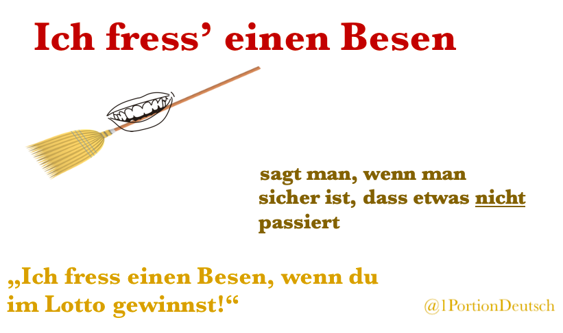 1PortionDeutsch's tweet image. #Redewendung #Wortschatz #Deutschlernen #LearnGerman

Habt ihr schon gefrühstückt? 😉

Ich fress’ einen Besen
- used to say that you are sure something will not happen
Idiom: I’ll eat my hat