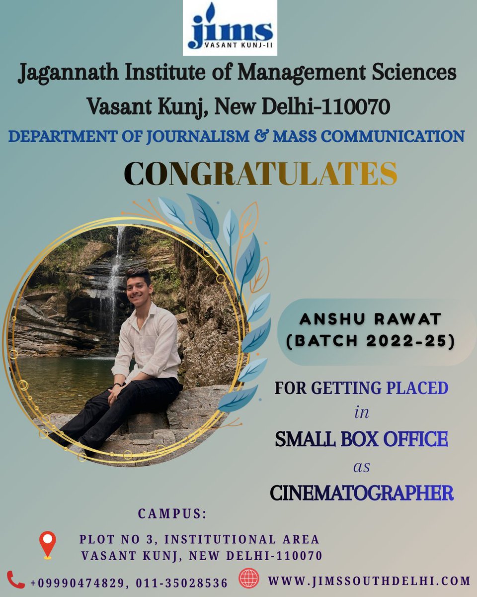 jimsljptweets's tweet image. Congratulations Anshu Rawat (Batch 2022-25) for getting placed in Small Box Office as Cinematographer. We wish you all the best for future endeavours.

#BJMCPlacements
#CareerinMedia
#MassCommunication
#BJMCCollegeinDelhi
#MassCommunicatinCollegeinDelhi