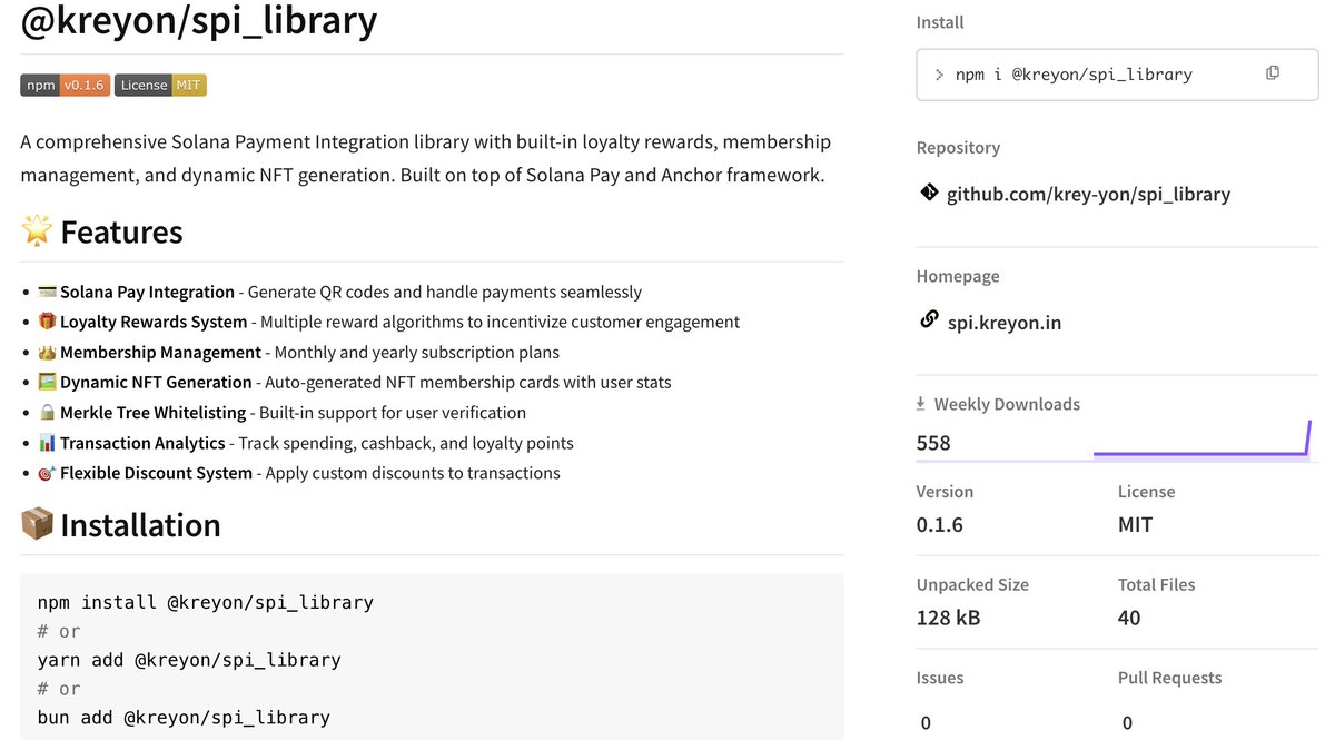 Krey_yon's tweet image. I built an SDK that lets merchants and business owners integrate Solana payments with ease—offering a feature set on par with India’s UPI system.

But the library goes far beyond payments. Since businesses care about customer retention, I added a built-in loyalty program and…