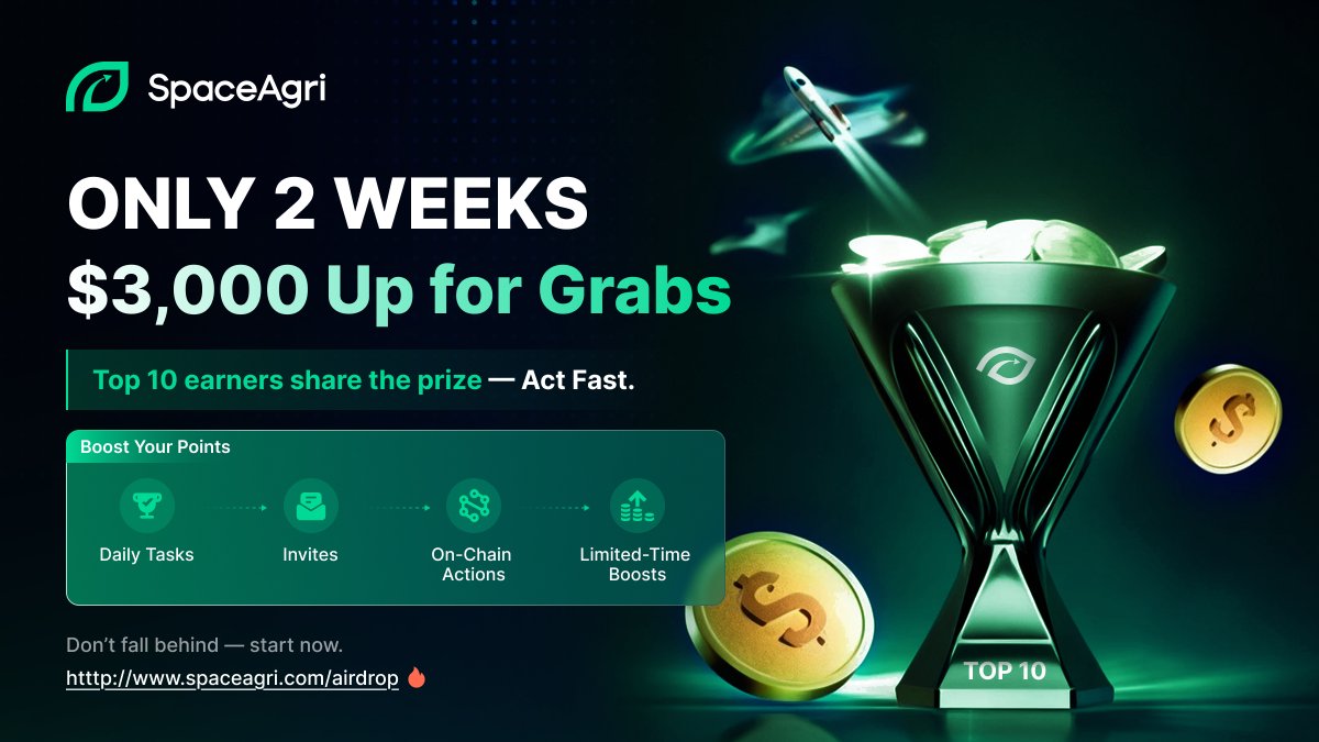 space_agri's tweet image. 🎯 Rank Event lasts only 2 weeks! The top 10 point earners during this period will share a $3,000 USDT prize pool.
🎁 Meanwhile, our Airdrop Event runs continuously, so everyone can keep earning points and rewards anytime.

🔥 How to maximize your points and rank high:
1️⃣…