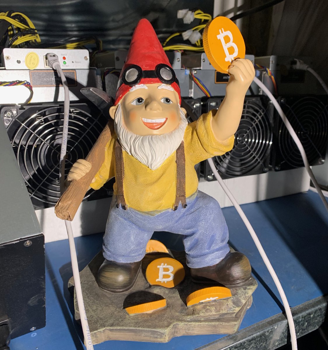 BitOFreedom's tweet photo. Ellsworth the mining gnome, needs a Blockclock to remind him why he works so hard picking away with his new @CryptoCloaks Bitaxe! https://t.co/o23vzP5Mv7