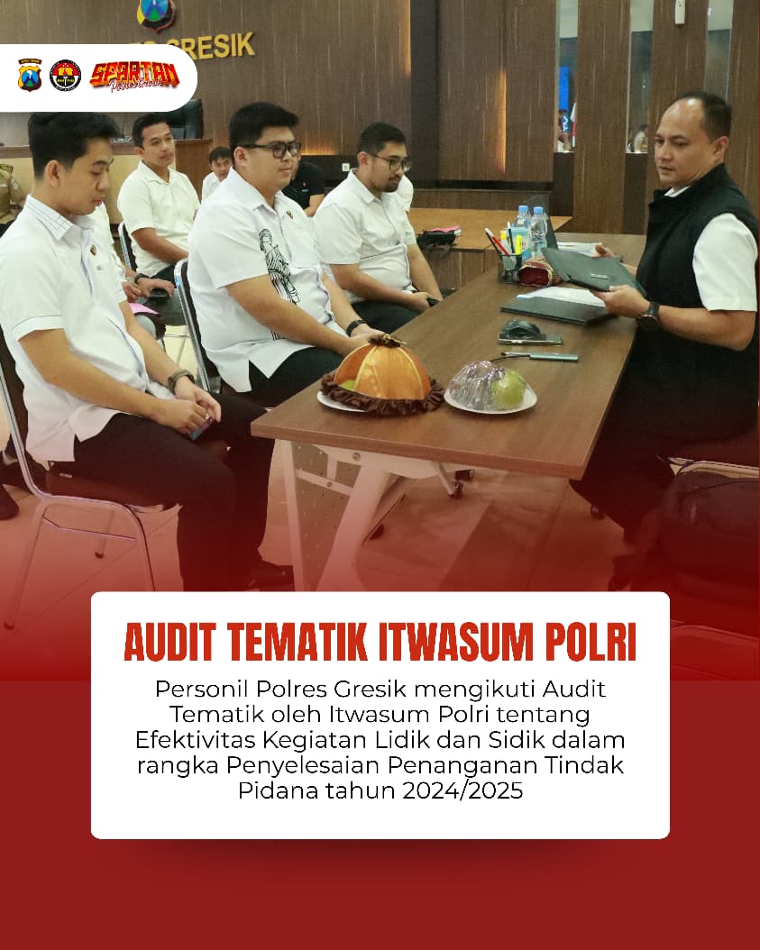 HumasGresik's tweet image. Anggota  Polres Gresik mengikuti audit Tematik oleh Iteasum Polri tentang Efektivitas kegiatan Lidik dan Sidik dalam rangka penyelesaian Penanganan Tindak Pidana tahun 2024/2025

.
.
.

#polresgresik #poldajatim #polresgresikkabupaten #infogresik #gresikupdate #kapolresgresik