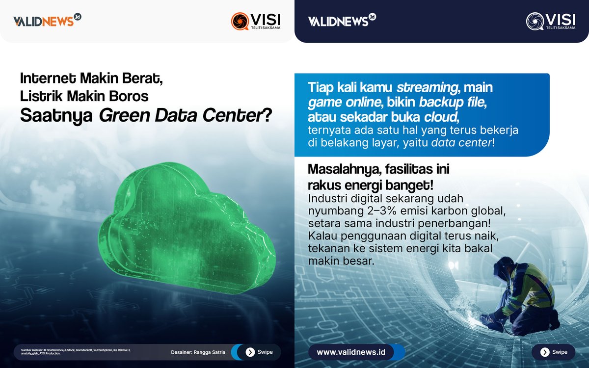 validnewsid's tweet image. Data center jadi penyumbang 2–3% emisi karbon global, tapi solusi green data center bisa memangkas listrik hingga 83% dan emisi hingga 77%. 

#greendatacenter #datacenter #greeneconomy #ReferensiTeruji #infografis #Validnews
