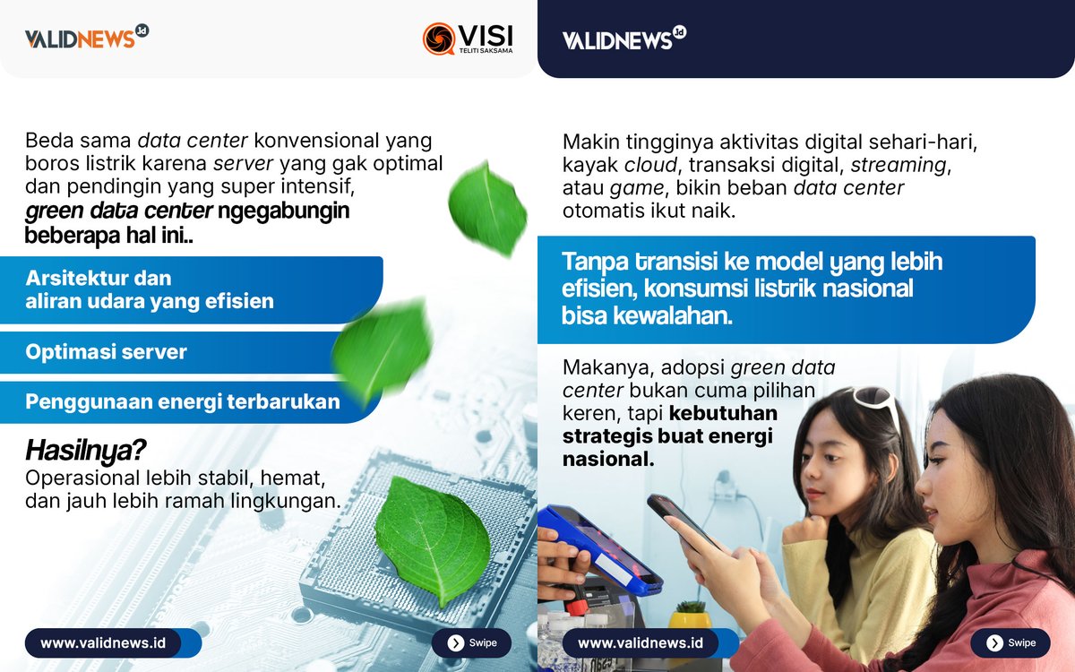 validnewsid's tweet image. Data center jadi penyumbang 2–3% emisi karbon global, tapi solusi green data center bisa memangkas listrik hingga 83% dan emisi hingga 77%. 

#greendatacenter #datacenter #greeneconomy #ReferensiTeruji #infografis #Validnews