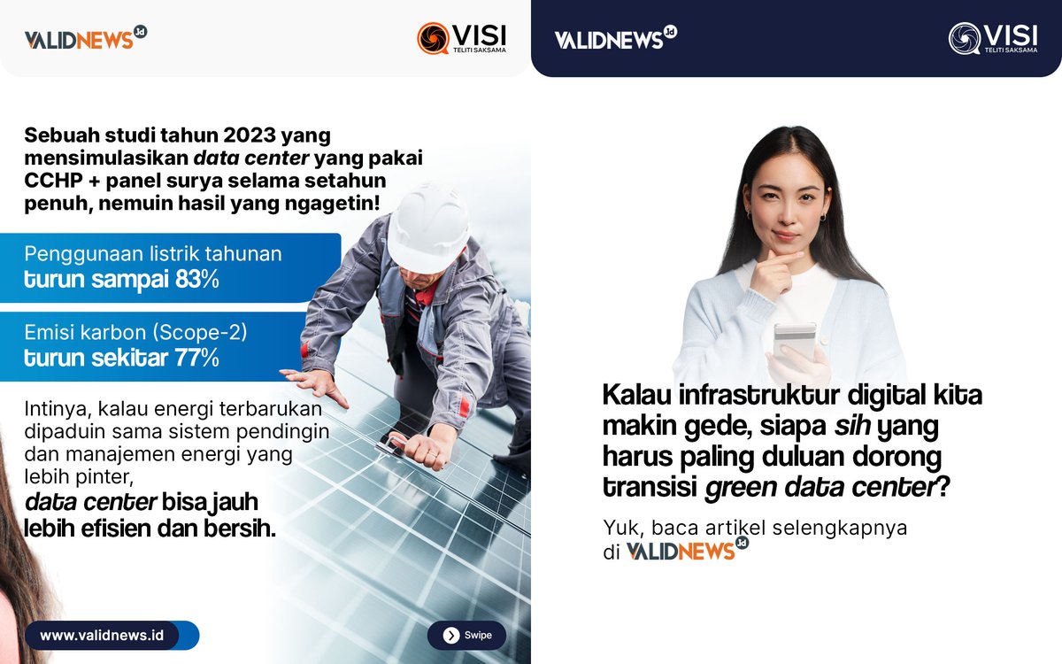 validnewsid's tweet image. Data center jadi penyumbang 2–3% emisi karbon global, tapi solusi green data center bisa memangkas listrik hingga 83% dan emisi hingga 77%. 

#greendatacenter #datacenter #greeneconomy #ReferensiTeruji #infografis #Validnews