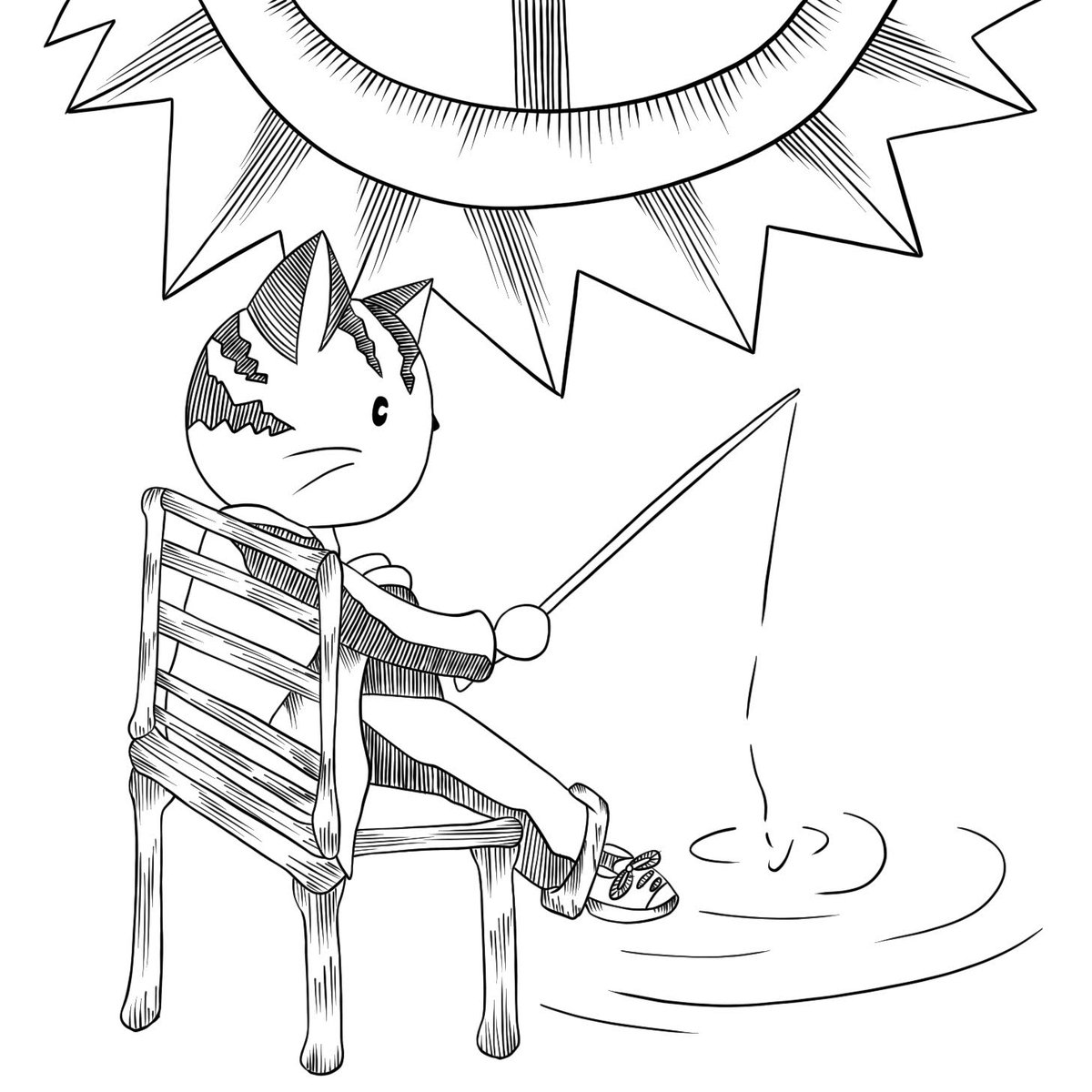 necodouraku's tweet image. 太陽の下で釣りをしている猫です。水と椅子の境界線はなく、太陽もなり近くの位置です。童話のような不思議な世界観を感じます。
 #art #芸術 #猫 #cat #mind #心 #illustration #illustrationart #イラスト #Oracle  #北海道 #旅 #digitalart    #アナログ #日本 #釣り #fishing #童話 #FairyTail