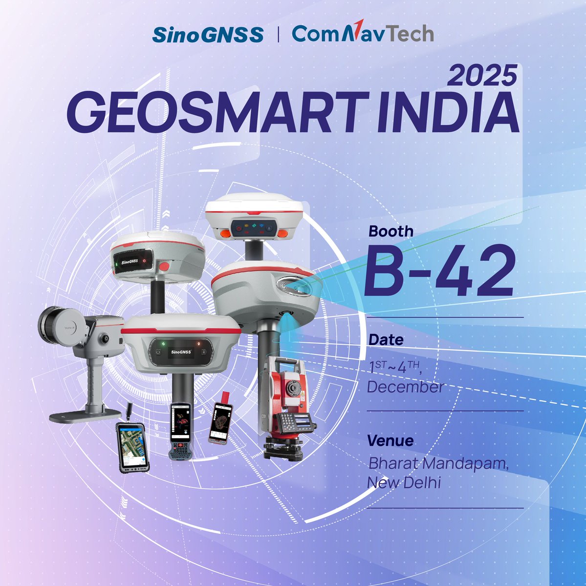 ComNav_Tech's tweet image. ComNav Technology will be at GeoSmart India 2025 in Bharat Mandapam, New Delhi, India from 1st to 4th, December, 2025.
Booth B42 is dedicated to showcasing Laser RTK, GNSS Receivers, GNSS Tablets, Total Station, Laser Scanner.
#ComNavTech #SinoGNSS #GeoSmartIndia2025